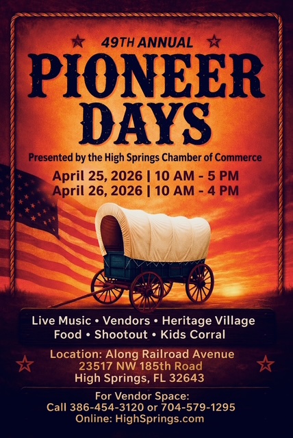 Pioneer Days in High Springs showing an American flag with a wagon against a sunset