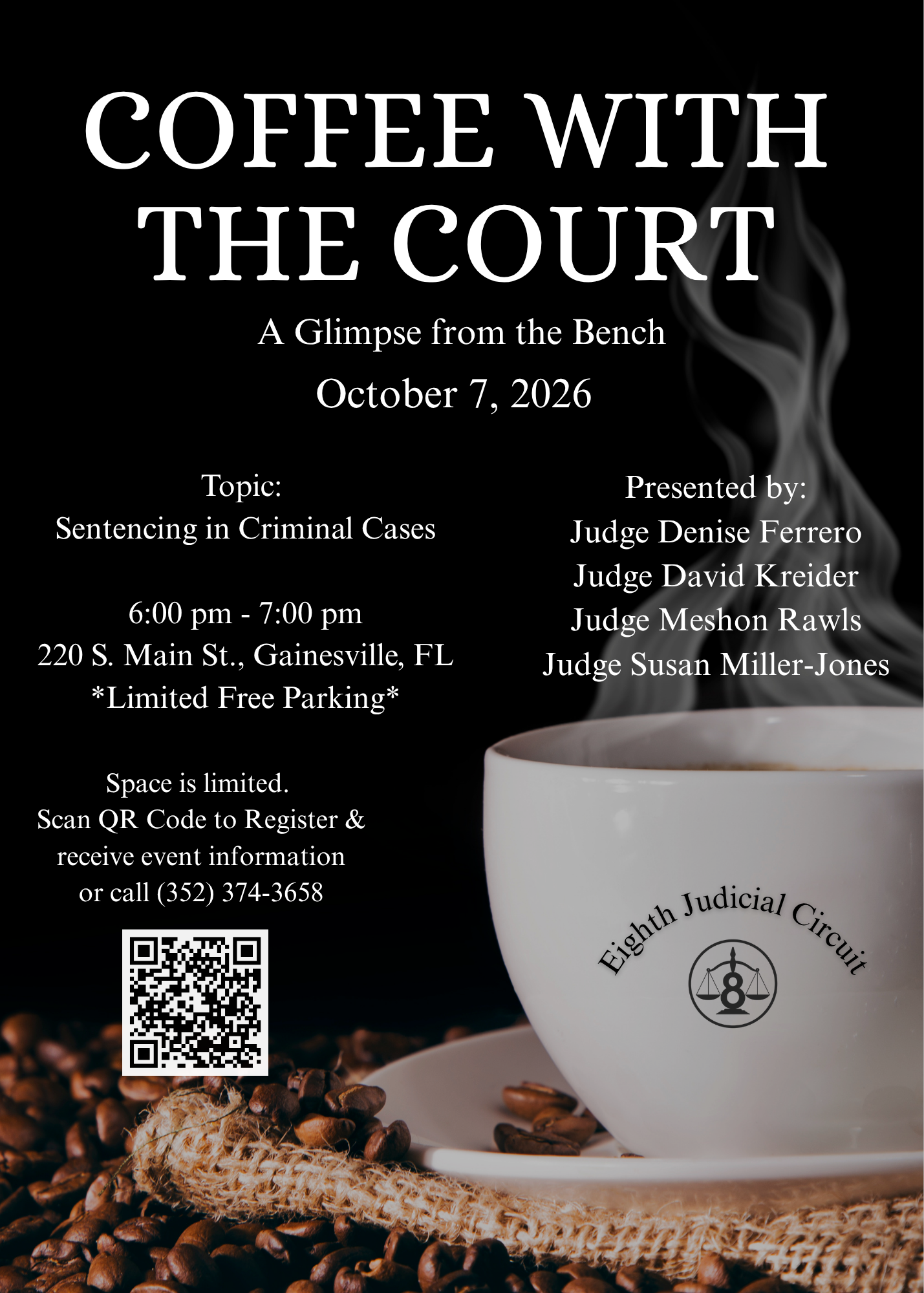 Poster for Learn How Criminal Sentencing Works at Coffee with the Court