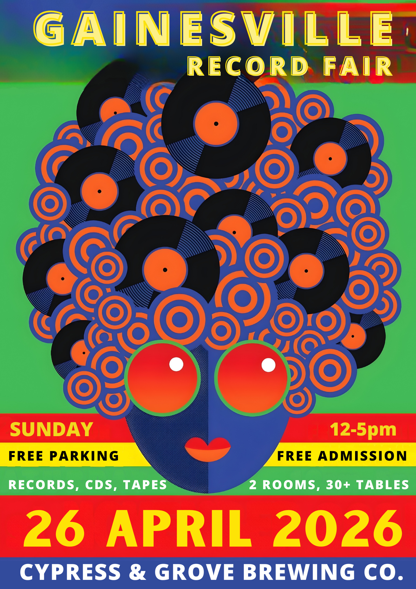 illustration in the 60's style of a groovy guy with John Lennon glasses and records in his hair