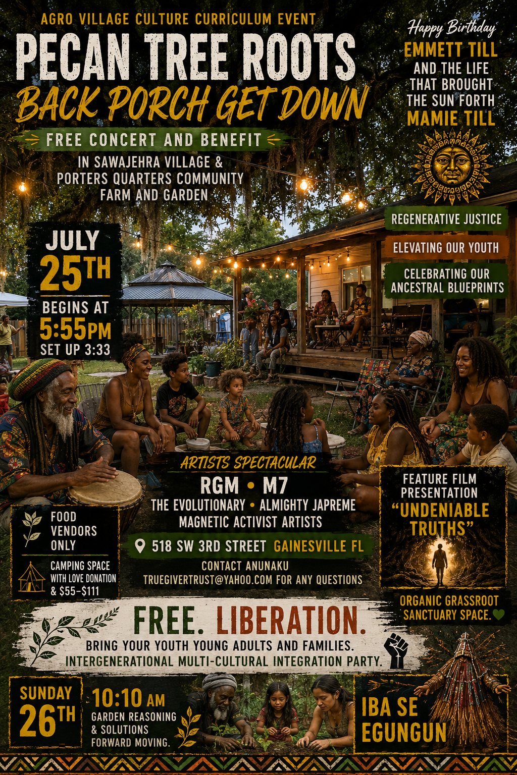 Poster for Music, Culture and Community at the Pecan Tree Roots Back Porch Get Down, July 25-26