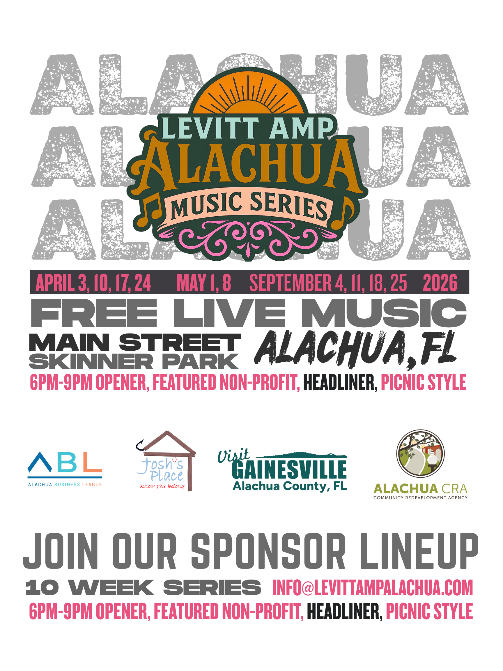 Free Live Music Alachua poster with the music series logo