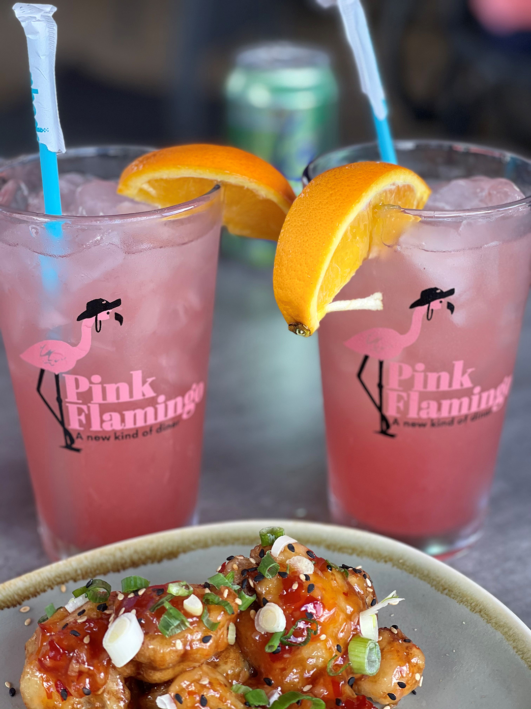 pink flamingo cocktails and cauliflower appetizer