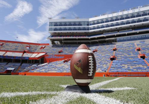 Football on kicking tee at The Swamp at The University of Florida