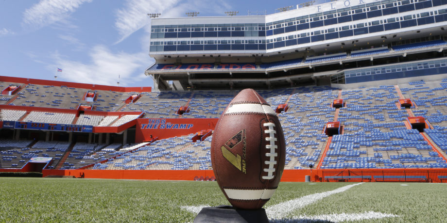 Football on kicking tee at The Swamp at The University of Florida