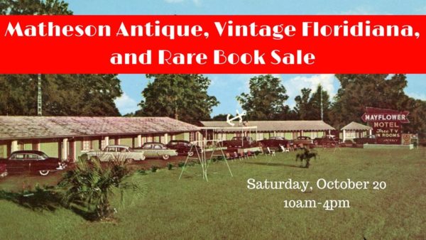 Matheson Antique and Book Sale flyer with historic MayFlower Motel photo in background