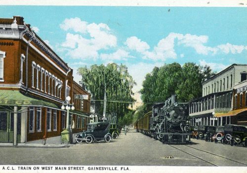 Illustration of historic Gainesville with a train traveling