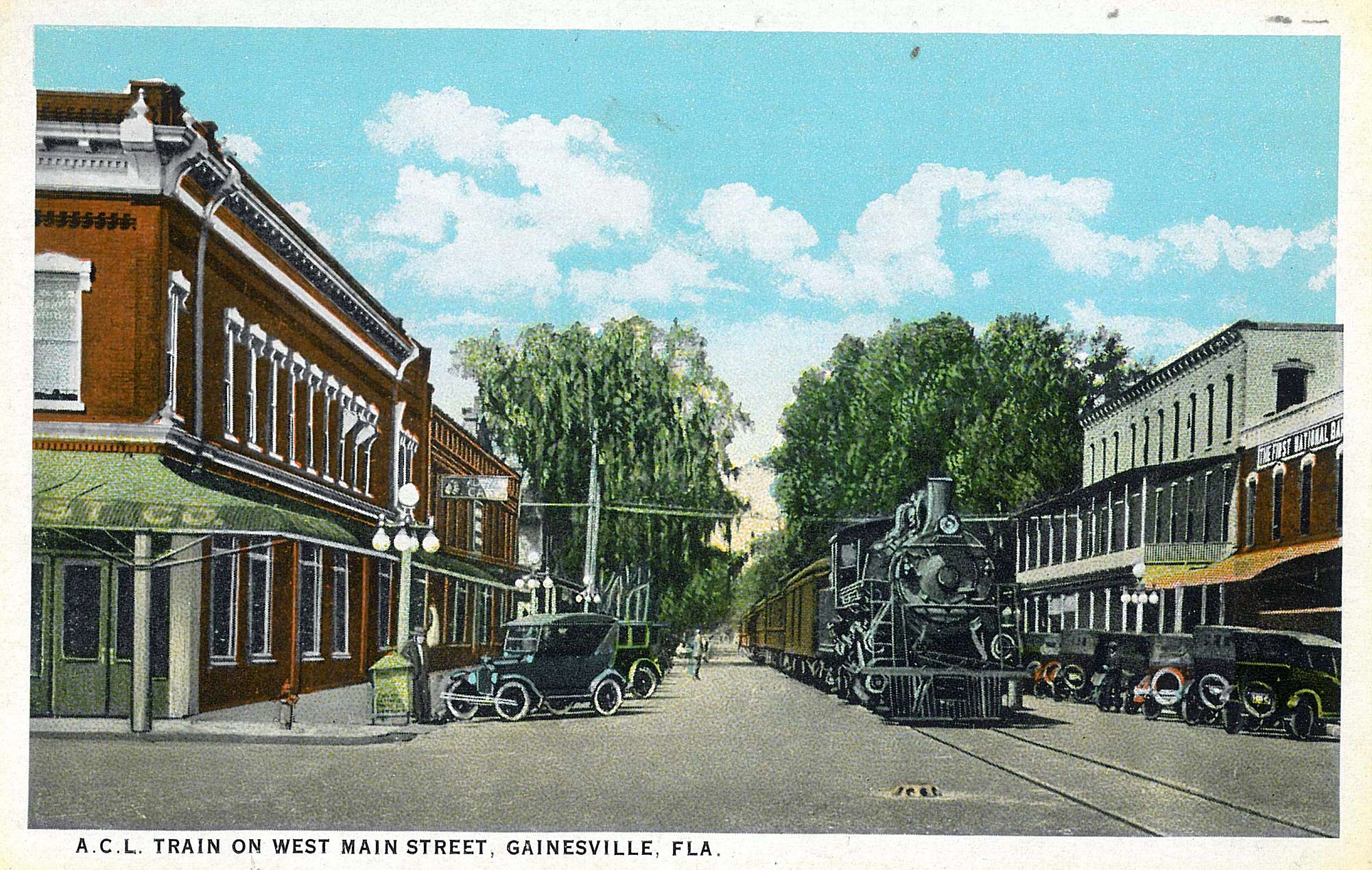 Illustration of historic Gainesville with a train traveling