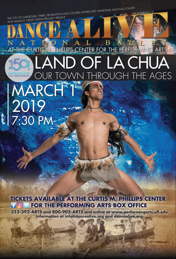 poster for land of la chua march 1 2019 at the phillips center in gainesville, fl featuring native american dancer