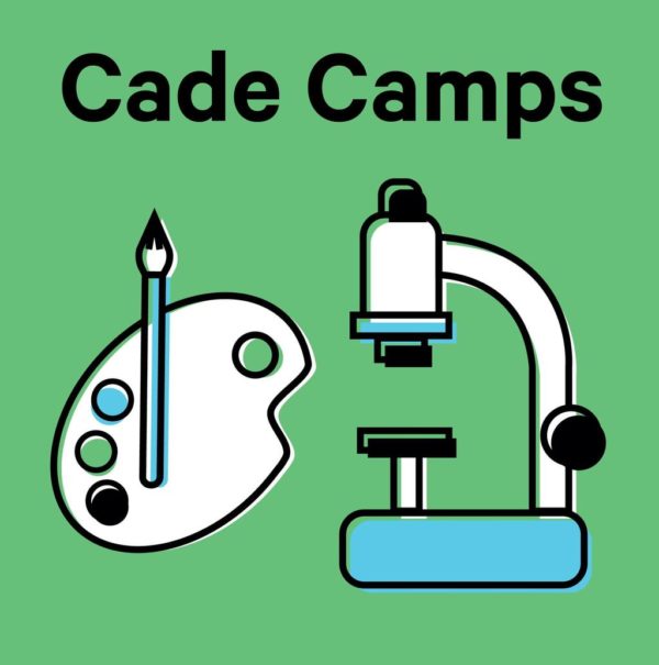 Cade camps, illustration of artist's painter pallet and microscope