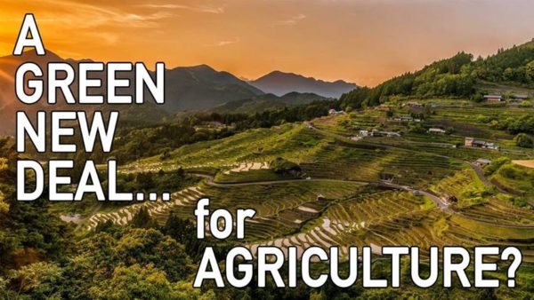 Mountian Farm Background with text A Green New Deal for Agriculture?