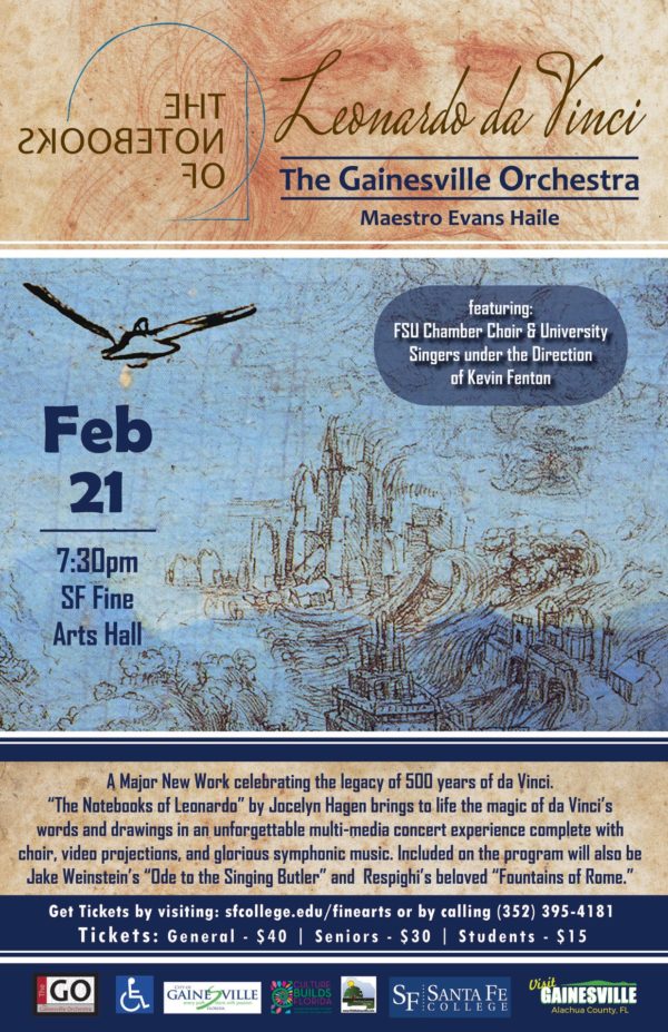 Illustrations from Leonardo da Vinci. The Gainesville Orchestra February 21 at SF fine arts hall. featuring FSU Chamber Choir and University singers under the direction of kevin fenton