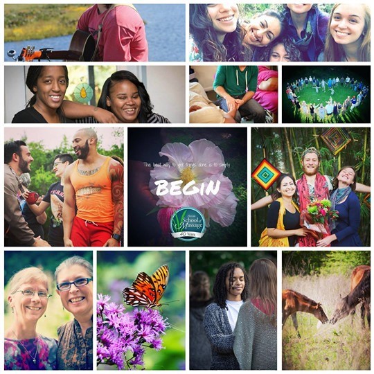 Array of smiling faces, nature and logo for Florida School of Massage