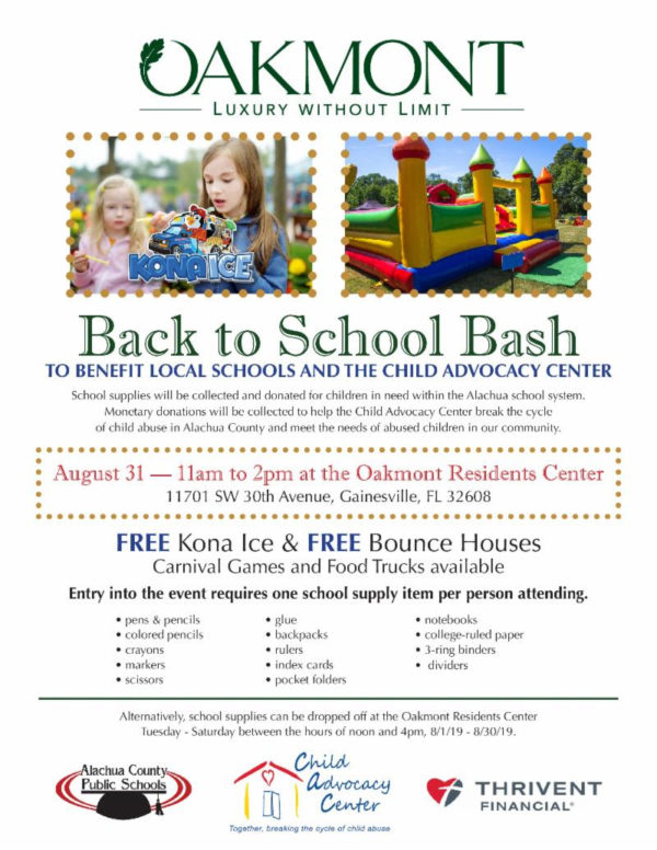 Students and a bounce house. Oakmont Back to School Bash. August 31 - 11am-2pm at the Oakmont Residents Center. 11701 SW 30th Avenue, Gainesville, FL 32608. FREE Kona Ice and FREE Bounce Houses. See Description for more information