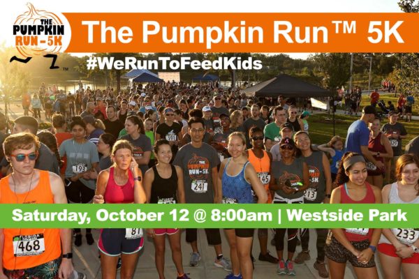 Big group of race runners at the starting line. The Pumpkin Run 5K. Saturday, October 12 at 8am. Westside Park.