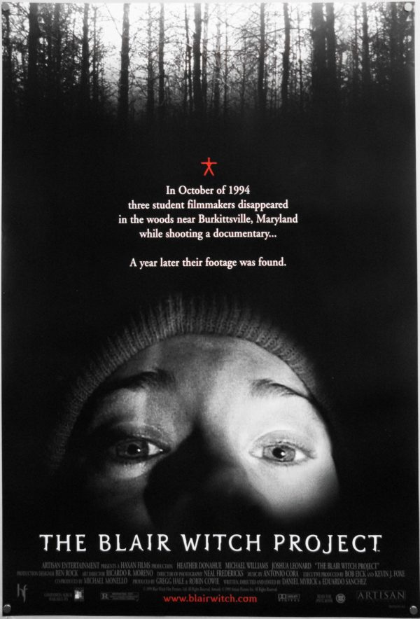 Movie Poster for The Blair Witch Project. In October of 1994 three student filmmakers disappeared in the woods near Burkittsville, Maryland while shooting a documentary... A year later their footage was found