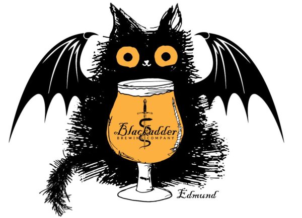 Illustration of fluffy bat behind Blackadder beer glass