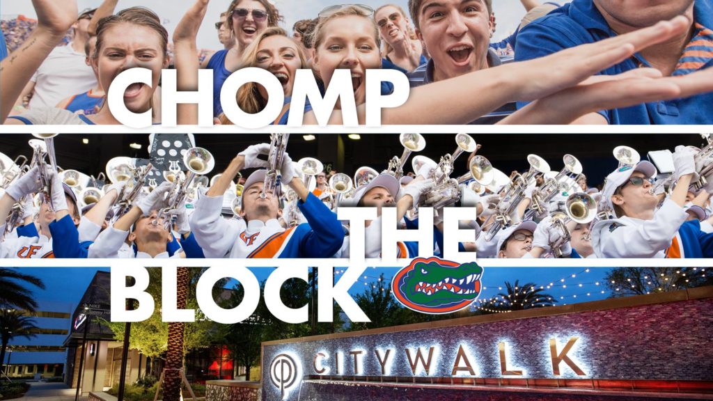Football fans, gator band, citywalk. Chomp the Block at Celebration Pointe
