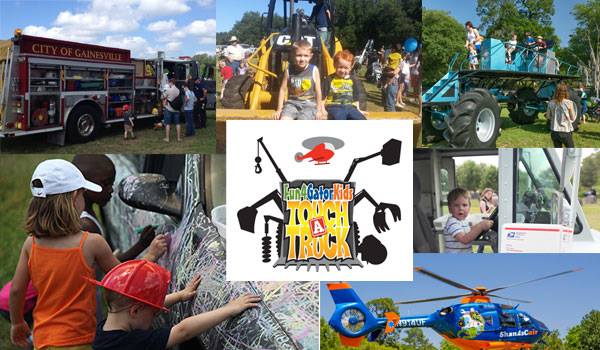 Kids climbing on various trucks. Logo for Fun4Gator Kids Touch A Truck