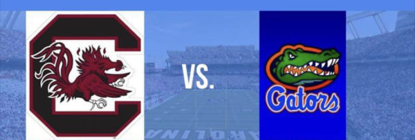 Football logos for South Carolina Gamecocks and Florida Gators with Williams-Brice Stadium in the background