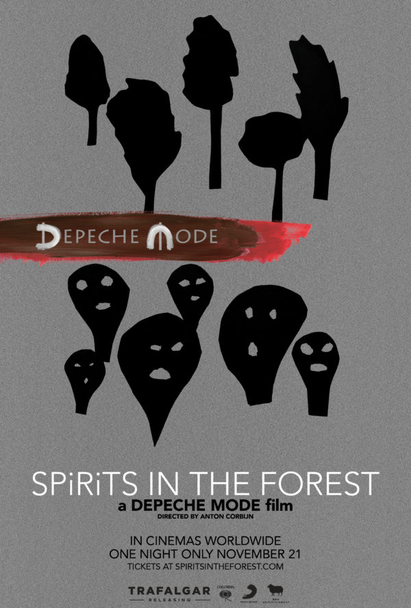 Poster for Spirits in the Forest with abstract art of trees and faces. A Depeche Mode film directed by Anton Corbijn. In Cinemas Worldwide one night only November 21. Tickets at spiritsintheforest.com