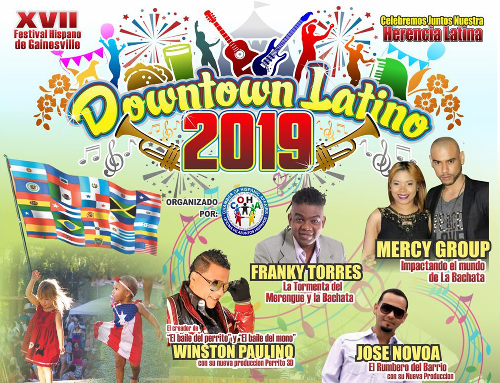 Festive graphics with dancers, guitars and music notes. Downtown Latino 2019. With Franky Torres, Winston Paulino, Jose Novoa, Mercy Group