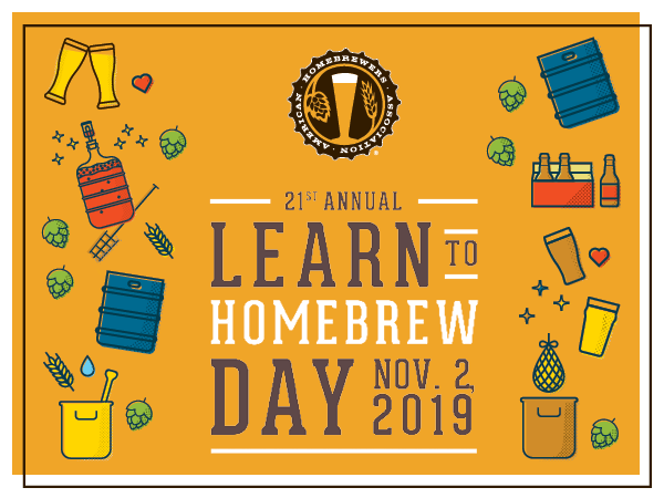 21st annual Learn to Homebrew Day November 2 2019. illustrations of beer glasses, kegs, hops and grains, bottles, equipment