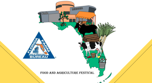Illustration of the state of florida with the Cade Museum with livestock and crops. Logo for Florida Farm Bureau. Food and Agriculture Festival