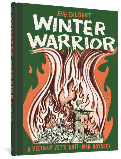 Graphic novel cover artwork of Winter Warrior. Illustration of armed soldier in front of bones and fire.