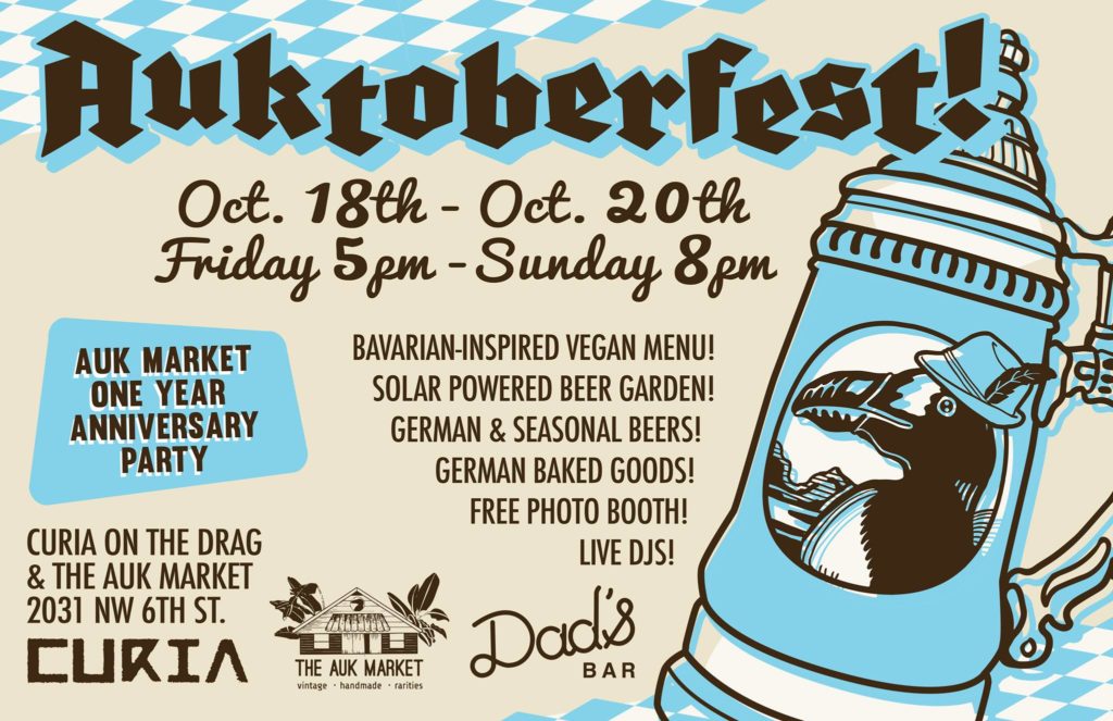 Auktoberfest! Illustration of beer stein with Auk. Auk Market One Year Anniversary Party. October 18-20 5pm-8pm