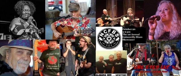 Montage of blues musicans. NCFBS October 20, 3-9 pm. The 1st Annual Gainesville Blues Showcase!
