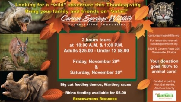 Carson Springs Thanksgiving Wildlife Tours. Images of exotic animals. 2 hour tours at 10 am and 1 pm. $25 adults $8 ages under 12. Friday November 29 and Saturday November 30