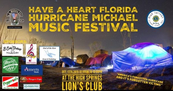 Makeshift tents after hurricane damage. Have a Heart Florida Hurricane Michael Music Festival at the High Springs Lions Club. October 13 2019 10am-10pm