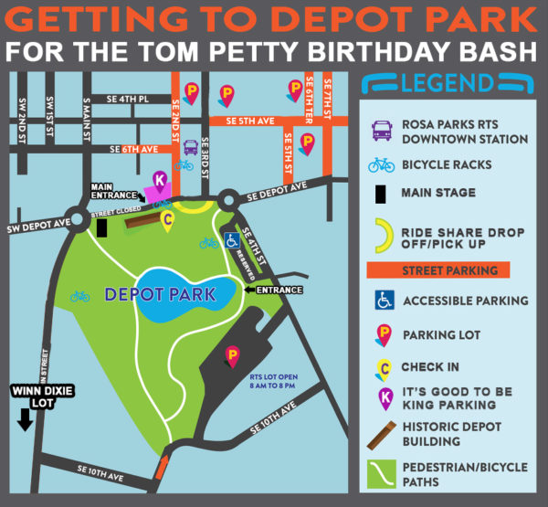 Getting to Depot Park parking map for the Tom Petty Birthday bash. Street map around Depot Park including Main Street and Depot Ave with available street parking and nearby parking lots. Map legend shows Rosa Parks RTS Downtown Station, Bicycle Racks, Main Stage, Ride Share drop off/pick up, street parking, accessible parking, parking lot, check in, It's Good To Be King parking lot, historic depot building, pedestrian / bicycle paths.
