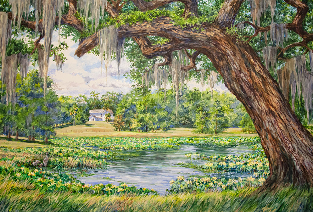 Painting of live oak with spanish moss overlooking a lake and farm house in the distance