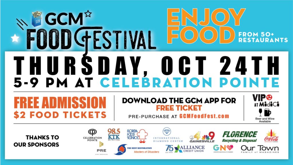 GCM Food Festival. Enjoy Food from over 50 restaurants. Thursday, october 24, 5-9 pm at Celebration Pointe. Free admission with $2 food tickets. download the GCM app for a free ticket. VIP at Midici with beer and wine available.