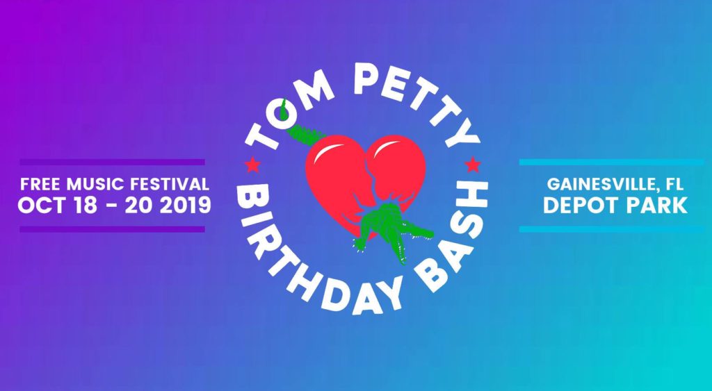 Tom Petty Birthday Bash logo with alligator and heart. Free music festival October 18-20, 2019. Gainesville, FL Depot Park