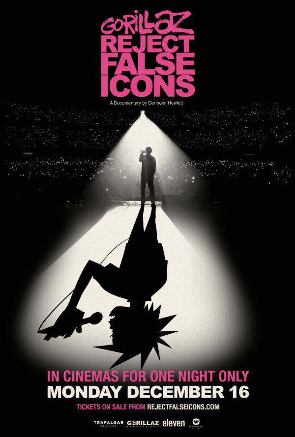 Poster for Gorillaz Reject False Icons, a documentary by denholm hewlett. In cinemas for one night only December 16
