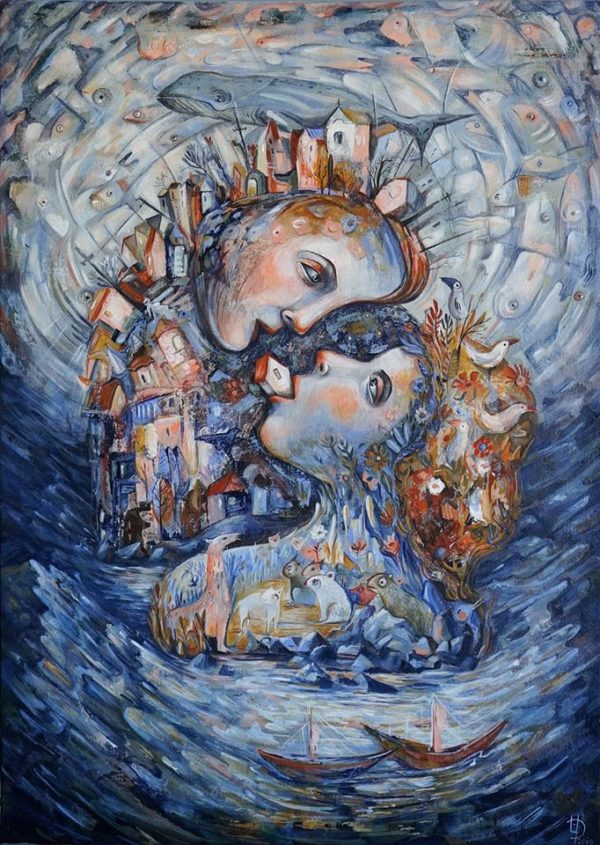 Abstract painting of faces, houses and animals