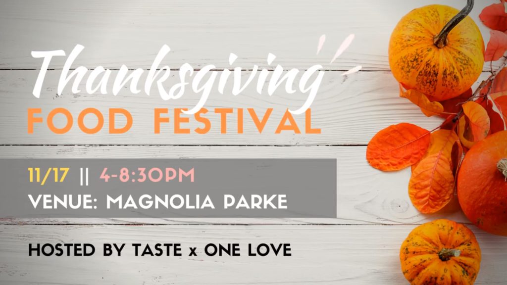 Pumpkins and fall leaves on picnic table. Thanksgiving Food Festival,