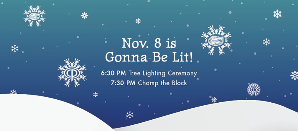 Snowflakes with text November 8 is Gonna be Lit. 6:30 tree lighting ceremony, 7:30 chomp the block