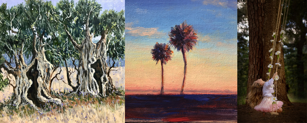 Montage of fine art with "trees" theme. On display at Blackbird Farm and Gallery in Micanopy