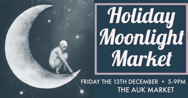 Person on a crescent moon. Holiday Moonlight Market, Friday the 13th, 5-9pm The Auk Market
