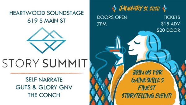 illustration of person holding a microphone. Story Summit, self narrate guts & glory gnv, the conch. January 31, 2020. 7pm. $15 advance, $20 door