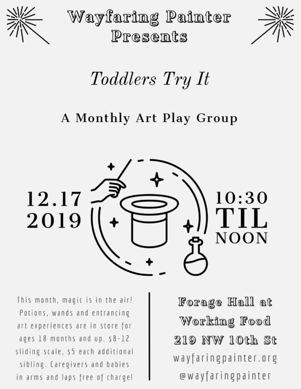 Illustration of top hat, magic wand and potion. Wayfaring Painter presents Toddlers Try It