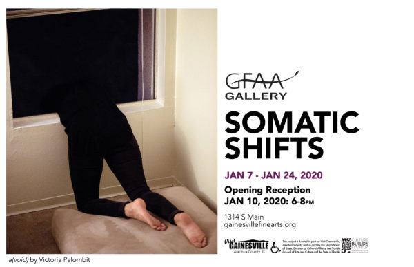 Image of legs leaning out window into an dark void. GFAA Gallery Somatic Shifts Opening Reception