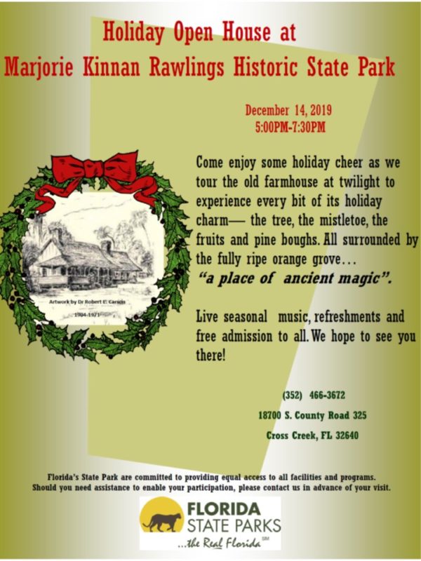 Holiday decorative illustration of the Marjorie Kinnan Rawings home.Invitation to Holiday event at MK Rawlings State Park in Cross Creek