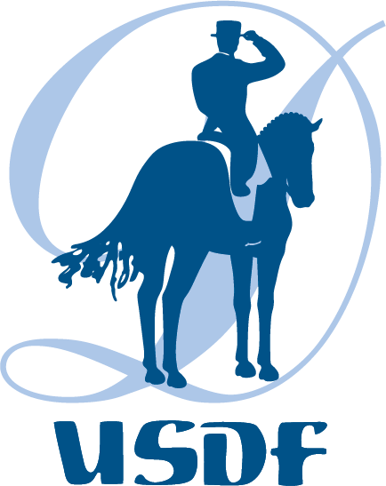 Illustration of horse and rider. Logo for United States Dressage Federation