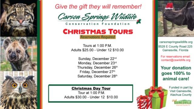 Images of exotic animals. Give the gift they will remember. Carson Springs Wildlife Christmas Tours.