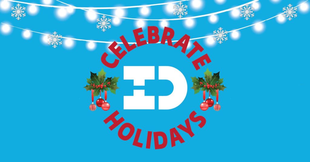 Illustration of holiday lights and snowflakes Celebrate D Holidays