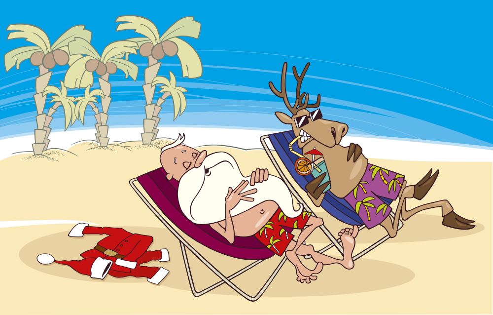 Illustration of Santa and reindeer on the beach